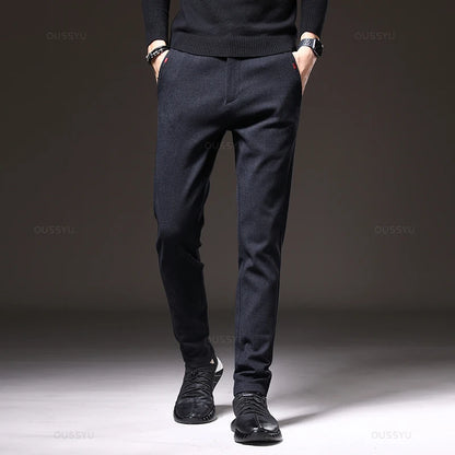 Spring Men's Casual Pants Business Fashion Elastic Waist Slim Fit Stretch Thick Gray Black Cotton Trousers Male