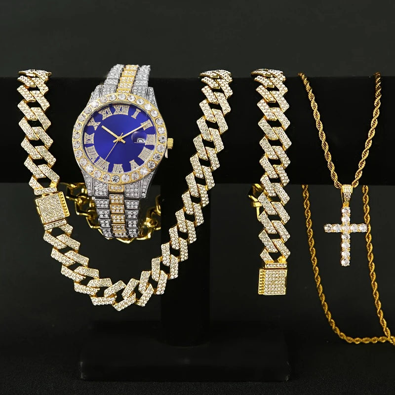 3/4PCS Hip Hop Iced Out Men's Watch Jewelry Set Luxury Rhinestone Quartz Wristwatch Cuban Link Chain Accessories（Without Box）