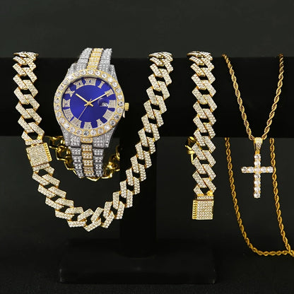3/4PCS Hip Hop Iced Out Men's Watch Jewelry Set Luxury Rhinestone Quartz Wristwatch Cuban Link Chain Accessories（Without Box）