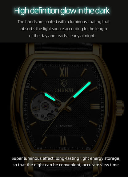 Automatic Mechanical Skeleton Man Watch Fashion Luxury CHENXI Watches For Men Business Leather Waterproof Tonneau Wristwatch