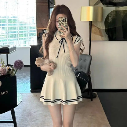 Onalippa Contrast Flying Sleeves Mini Dress for Women Striped Ruffles Elastic A Line Dresses Preppy Style High Waist Vestidos
