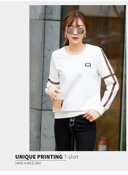 Spring Lady New Loose Appear Thin Long Sleeved Thin Style Korean Round Neck Patchwork Contrasting Colors Insert All-match Tops