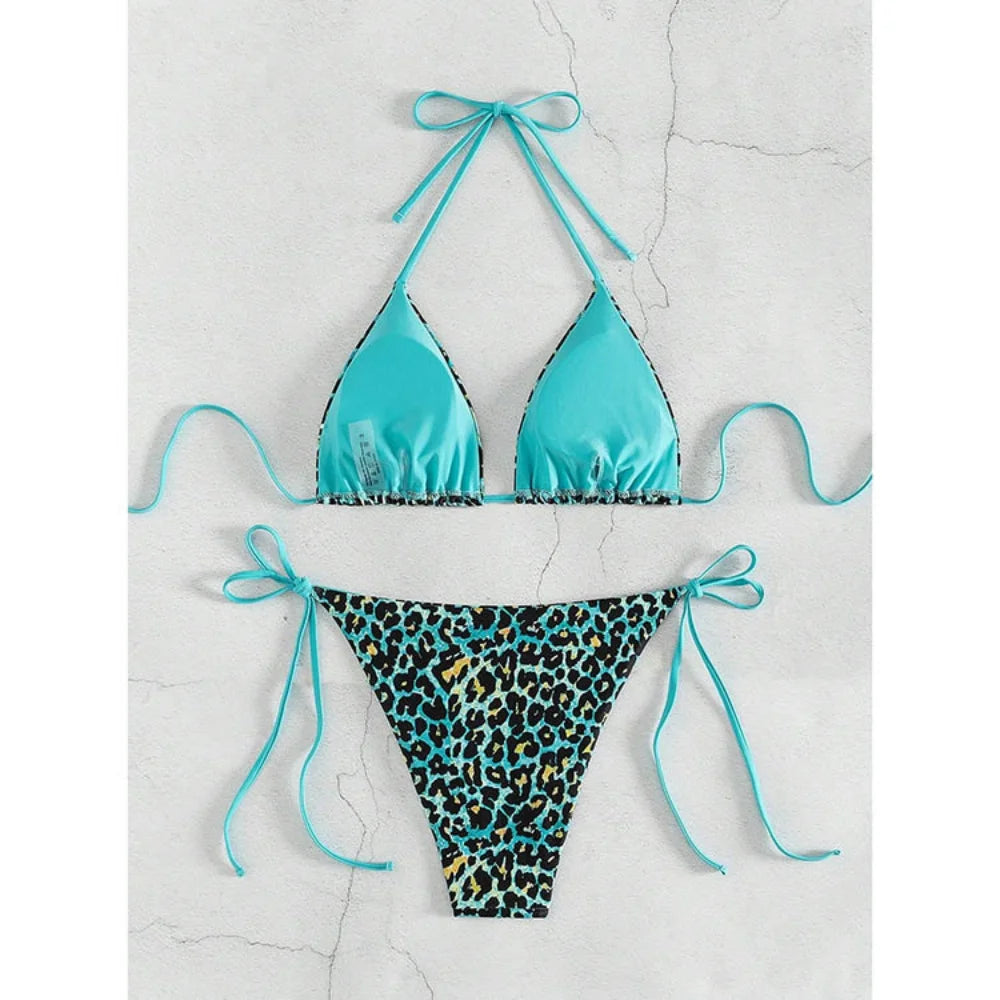 Sexy Leopard Print Two Piece Swimsuit Set Triangle Bra Suspender Halter Backless Bikini Set Beach Vacation Lace-up Swimwear 2025