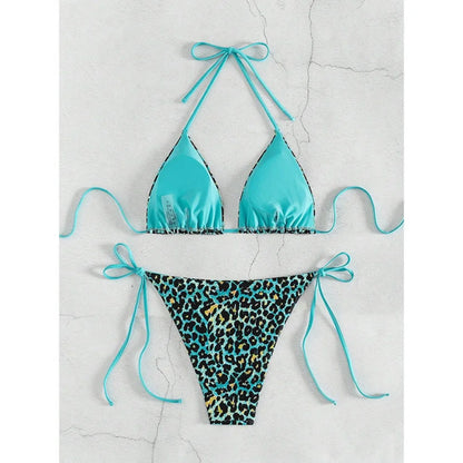 Sexy Leopard Print Two Piece Swimsuit Set Triangle Bra Suspender Halter Backless Bikini Set Beach Vacation Lace-up Swimwear 2025