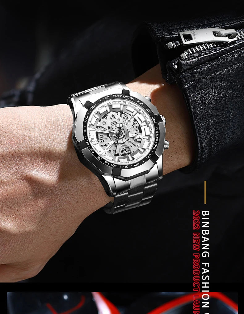 BINBOND S033 Luxury Hollow Non-Mechanical Business Quartz Men Watches 30M Waterproof Trendy Hollow Design Classics Men Watches