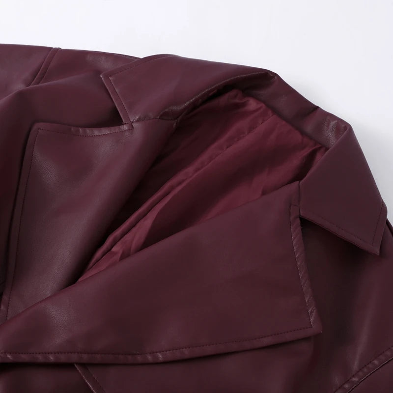 Street Pu Leather Women Long Coat Y2K Solid Belt Lapel Pocket Full Sleeve Female Jacket 2025 Autumn Winter Lady Outwear New