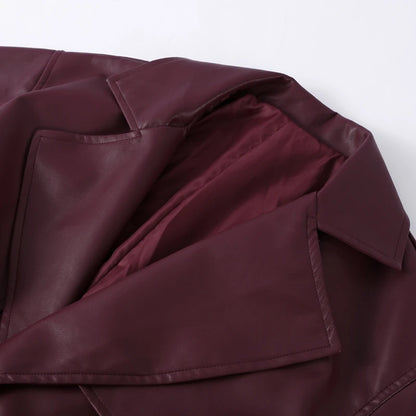 Street Pu Leather Women Long Coat Y2K Solid Belt Lapel Pocket Full Sleeve Female Jacket 2025 Autumn Winter Lady Outwear New
