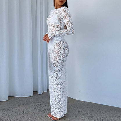 Sexy Women'S Summer O-Neck Long Sleeve Hollow Out White Lace Dress Streetwear Elegant See-Through Bodycon Black Party Dresses