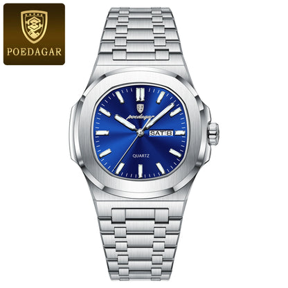POEDAGAR Classic Square Men Wristwatch Waterproof Luminous Date Week Casual Man Clock Stainless Steel Men's Quartz Watches Reloj