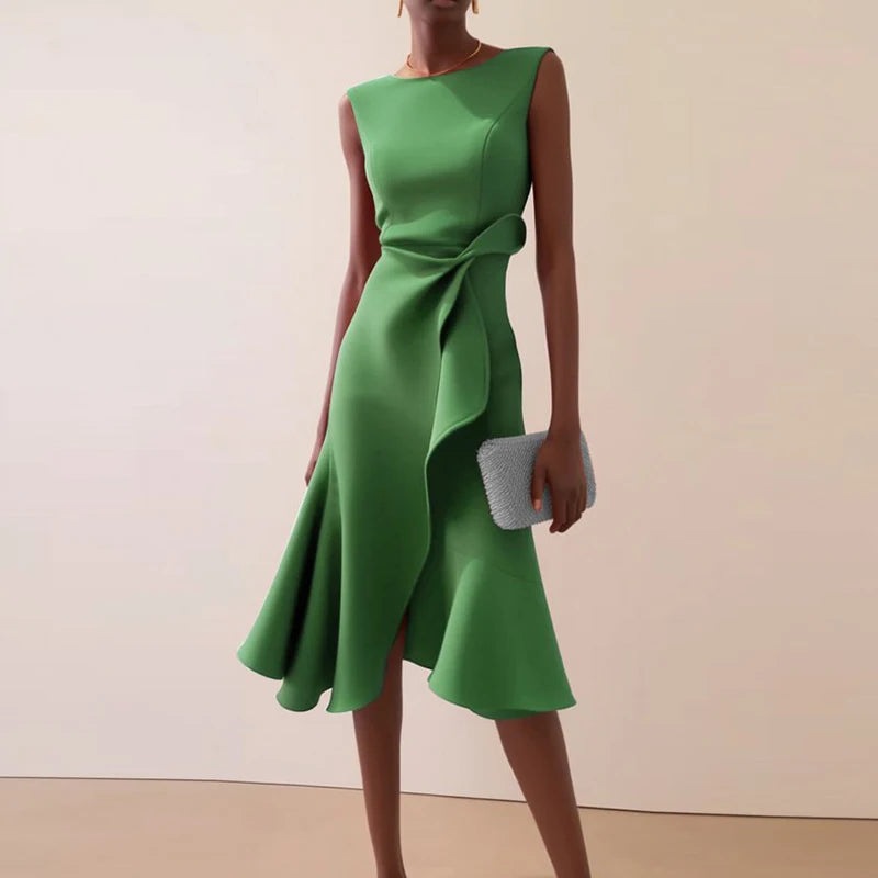 Women Crew Neck Ruffle Banquet Dress Elegant Spring Solid High Waist Slim Long Dress 2025 Summer Sleeveless A-Line Party Dresses