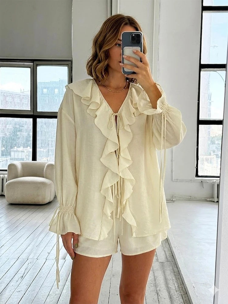 Casual Ruffled Shirt Shorts 2-Piece Set Women V Neck Flare Sleeve Lace-up Loose Blouse Shorts Suit Summer Beach Vacation Outfits