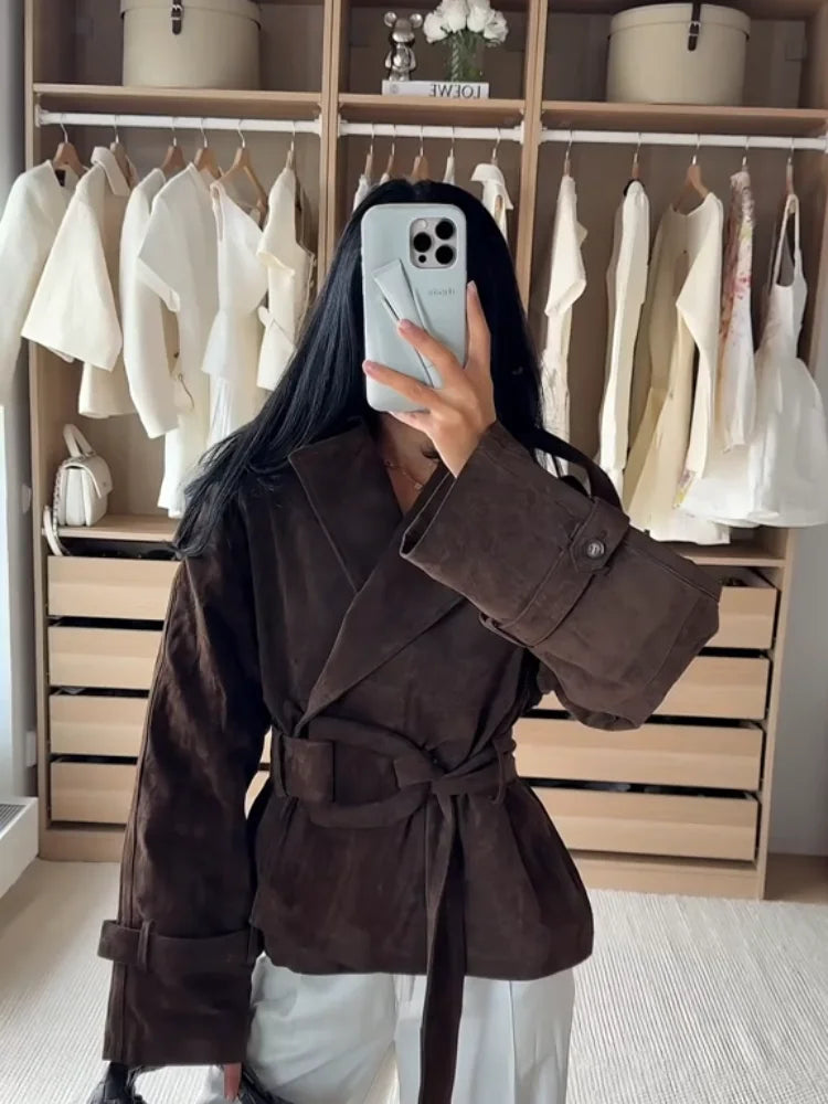 Women's Faux Suede Cropped Trench Coat Jacket Belted Notched Lapel Lace-up Retro Chic Outerwear Spring New High Street Outfit