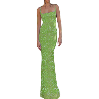 New Fashion Women´s Sexy Dress, Spaghetti Strap Sleeveless Backless Slim Fit Floral Printed Long Dresses