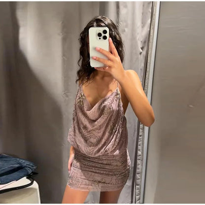 Sexy Sequin Women's Beads Sling Dress Fashion V-Neck High Waist Slim Fit Lady's Dresses Summer Beach Holiday Party Robes