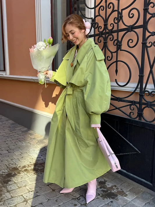 Women Green Lapel Trench Coat Fashion Belted Long Sleeve Loose Outerwear Chic 2025 New Autumn Street Travel Leisure Lady Outwear