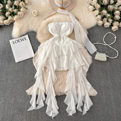 Foamlina French Style White Strapless Dress Women Summer Lace Irregular Flanged Ribbon Design Girl's Holiday Shopping Dresses