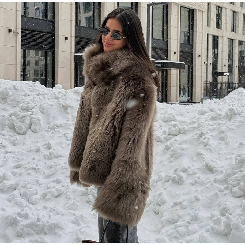 Brown Medium-length Fur Coat Women Lapel Hidden Button Loose  Elegant Outerwear 2025 Fashion Office Lady Commute Overcoat New
