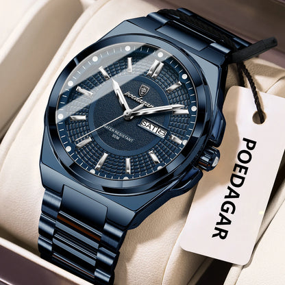 POEDAGAR Top Business Men's Watches Stainless Steel Waterproof Luminous Man Watch Date Week Quartz Casual Fashion Men Wristwatch