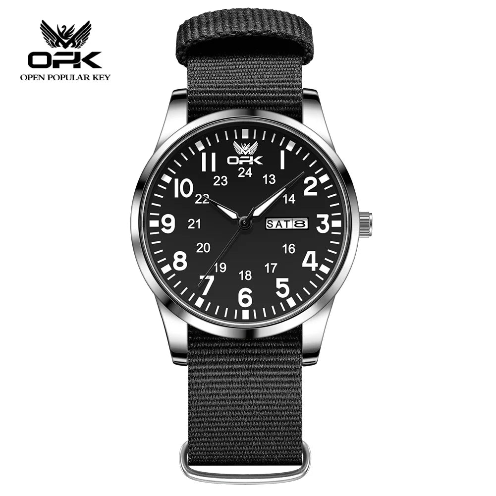 OPK 6090 Quartz Watches for Man Fashion Casual Nylon Webbing Watchband Dual Calendar Waterproof Luminous Men's Sports Watches