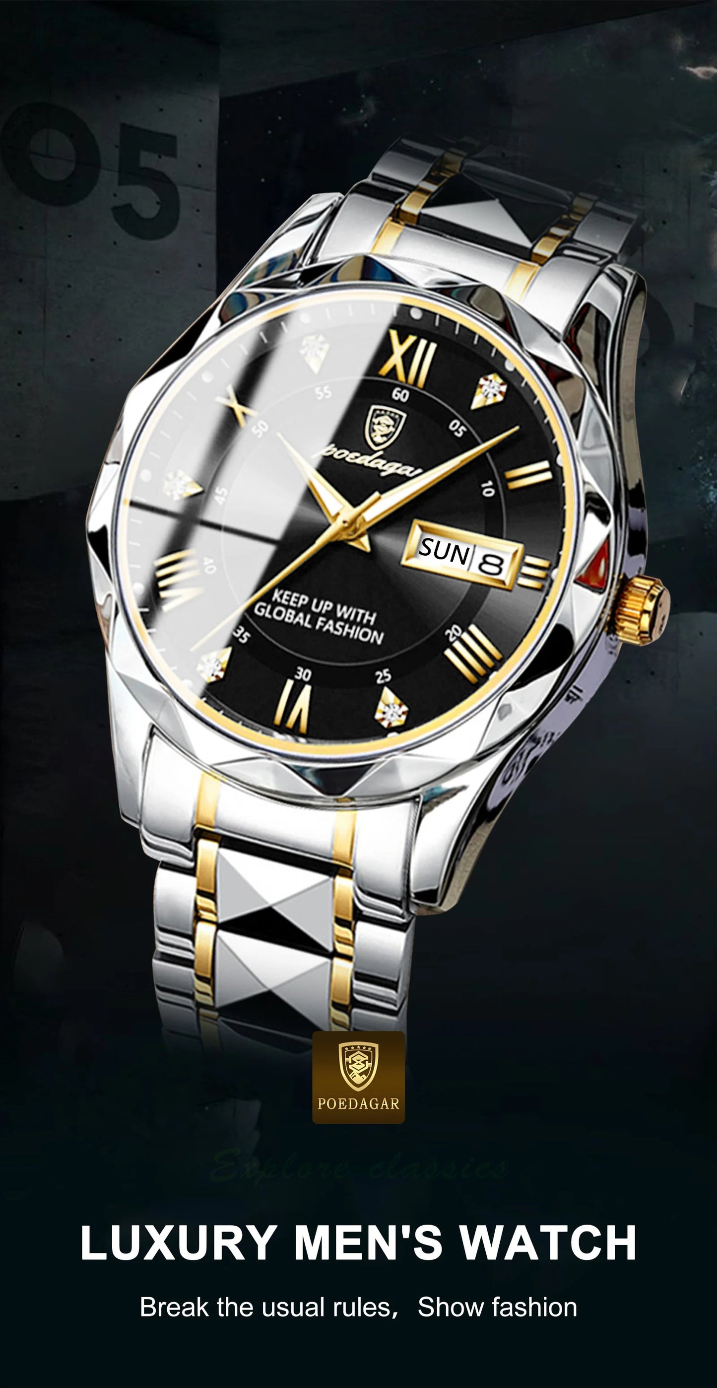 POEDAGAR Top Classic Men's Quartz Watches Waterproof Luminous Stainless Steel Man Wristwatch Date Week Original Men Watch Reloj