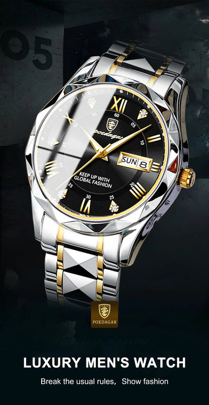 POEDAGAR Top Classic Men's Quartz Watches Waterproof Luminous Stainless Steel Man Wristwatch Date Week Original Men Watch Reloj