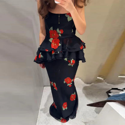 Printed Ruffle Top Skirt Set Women Slim Sling Sleeveless Backless Vest Straight Long Skirts 2025 Summer Elegant Sexy Lady Outfit