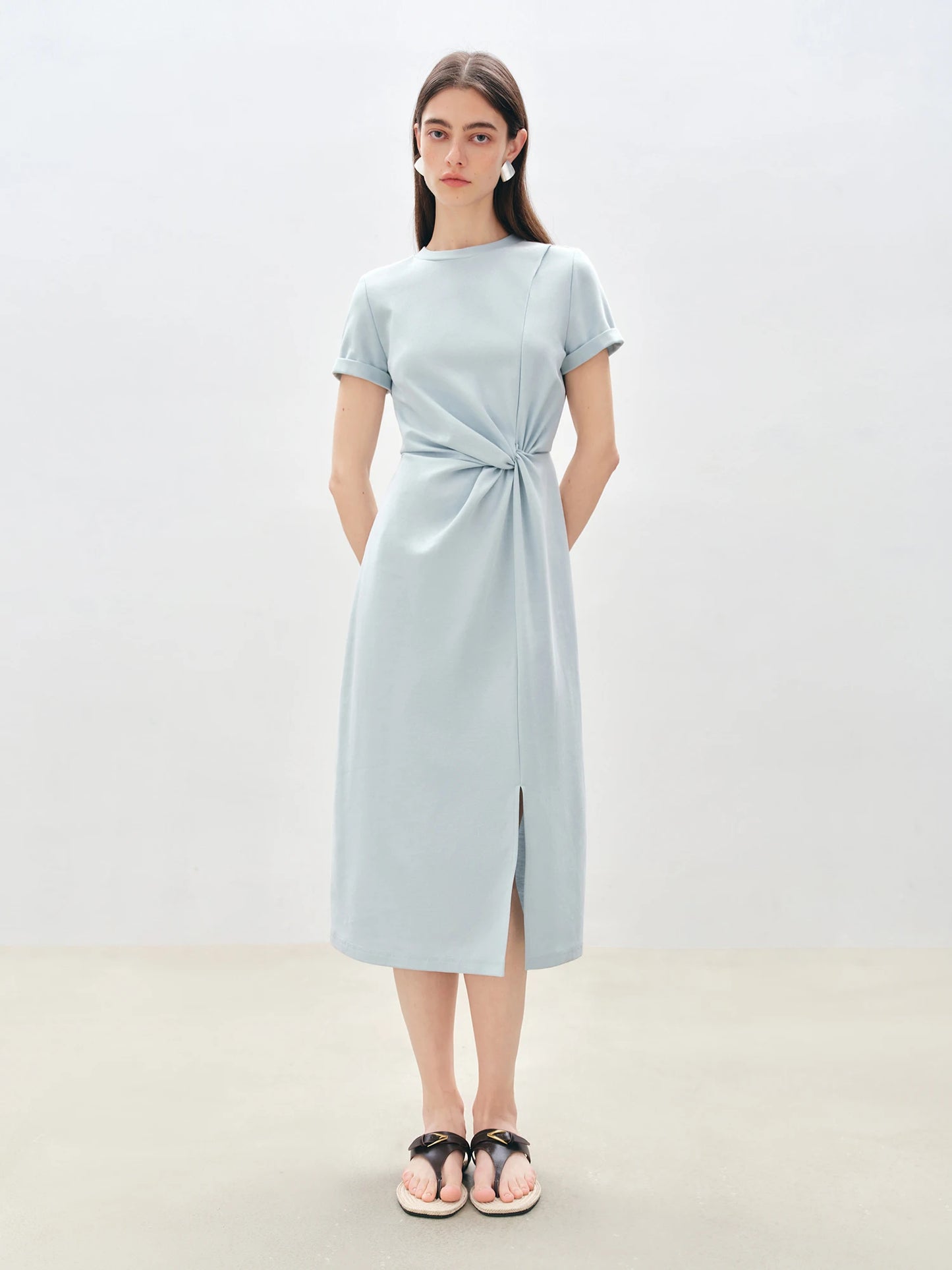 ZIQIAO Women Solid Long Dress 2025 Summer New Casual Round Neck T-Shirt Dresses Grey Short Sleeve X-LINE Dress 25ZQ92026