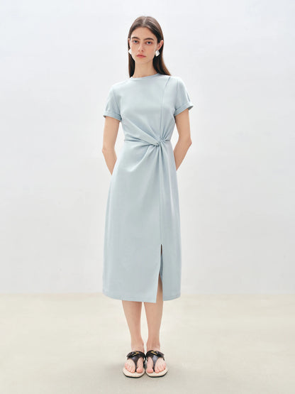 ZIQIAO Women Solid Long Dress 2025 Summer New Casual Round Neck T-Shirt Dresses Grey Short Sleeve X-LINE Dress 25ZQ92026