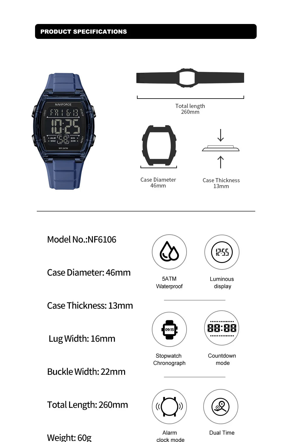 NAVIFORCE Top Brand Luxury Mens Watches Alarm Stopwatch LED Digital Backlight Display Waterproof Sport Watch Men Montre Homme