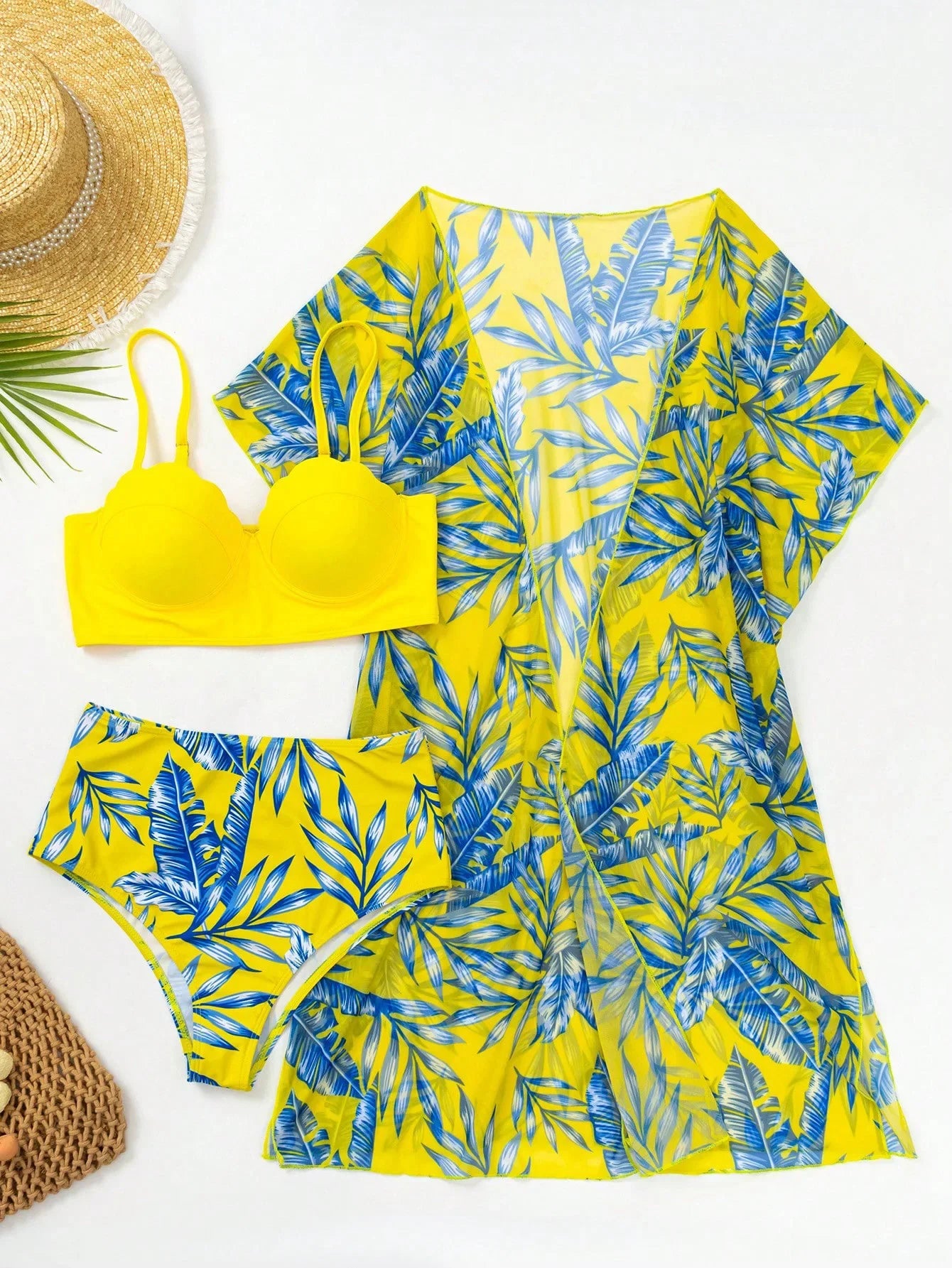High Waist Leaf Print Bikini Swimsuit with Net Cover up Slimming Design Cross-Border New Style Women's Fashion Swimwear