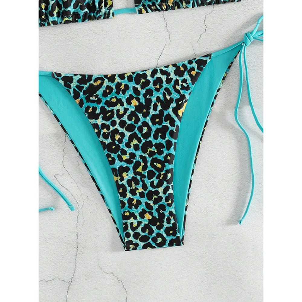 Sexy Leopard Print Two Piece Swimsuit Set Triangle Bra Suspender Halter Backless Bikini Set Beach Vacation Lace-up Swimwear 2025