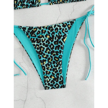 Sexy Leopard Print Two Piece Swimsuit Set Triangle Bra Suspender Halter Backless Bikini Set Beach Vacation Lace-up Swimwear 2025