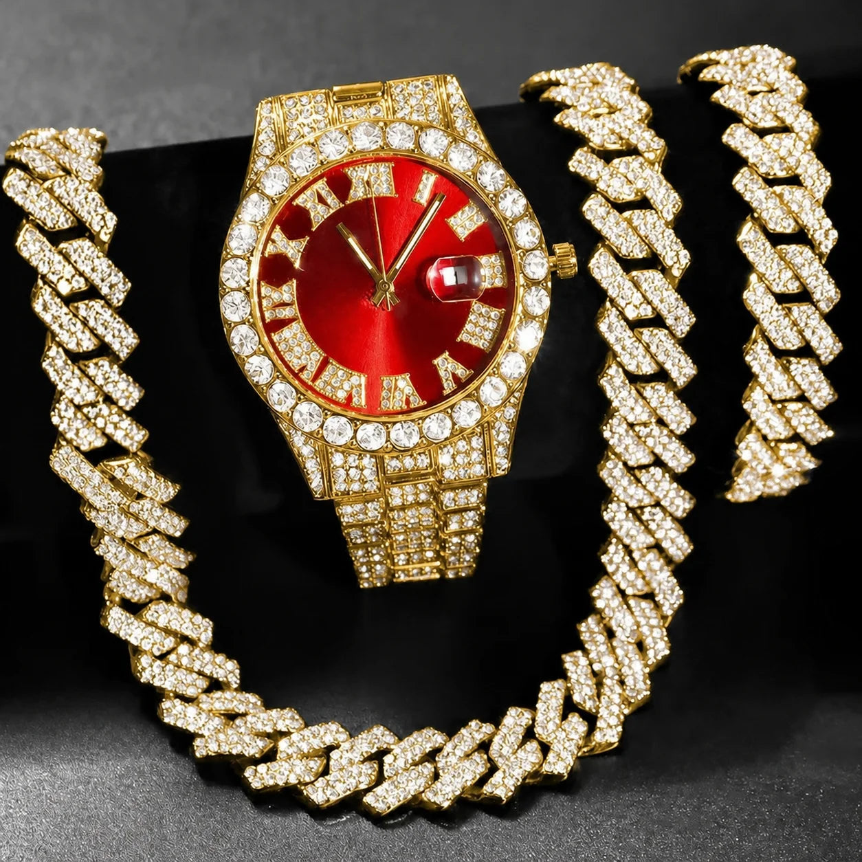 3/4PCS Hip Hop Iced Out Men's Watch Jewelry Set Luxury Rhinestone Quartz Wristwatch Cuban Link Chain Accessories（Without Box）