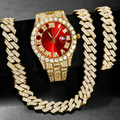 3/4PCS Hip Hop Iced Out Men's Watch Jewelry Set Luxury Rhinestone Quartz Wristwatch Cuban Link Chain Accessories（Without Box）