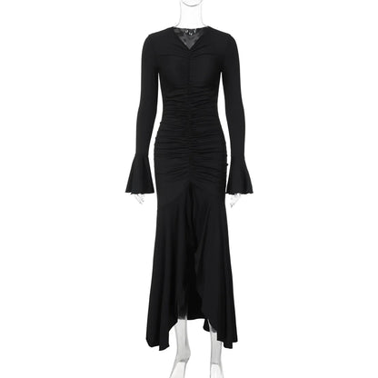 Women Elegant Ruffle Hem White Long Dress Fashion Shirring V-neck Flare Long Sleeve Dresses 2024 New Evening Party Robes Vestido