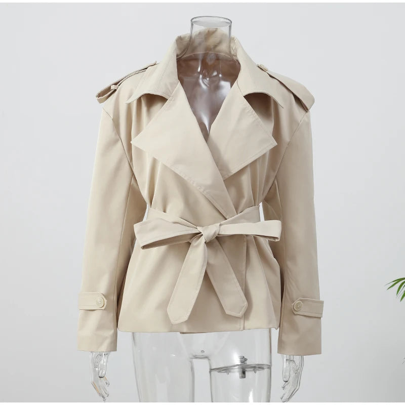 Solid Lapel Lace Up Jacket Elegant Chic Full Sleeve Button Loose Long Coat For Women Office Lady Daily Commute Overcoat 2026 New