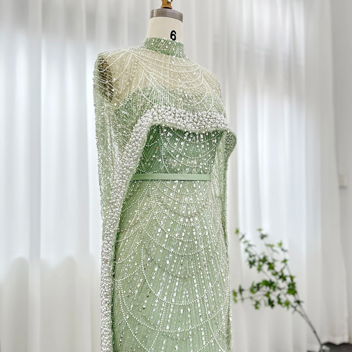 Sharon Said Luxury Pearls Dubai Champagne Evening Dresses with Cape New Arabic Women Mermaid Wedding Party Prom Dress SS369