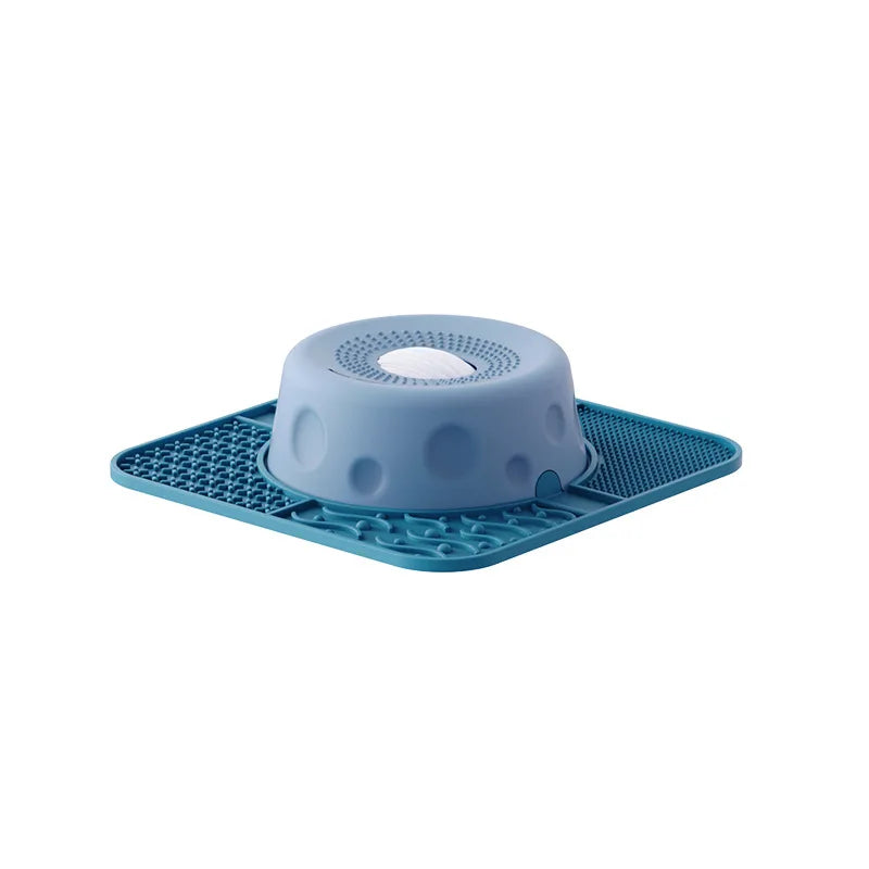 New Double-bowl Pet Licks-and-eats Bowls with Fun Rollers At The Bottom and Suction Cups. for Dogs and Cats. Licking Pads.