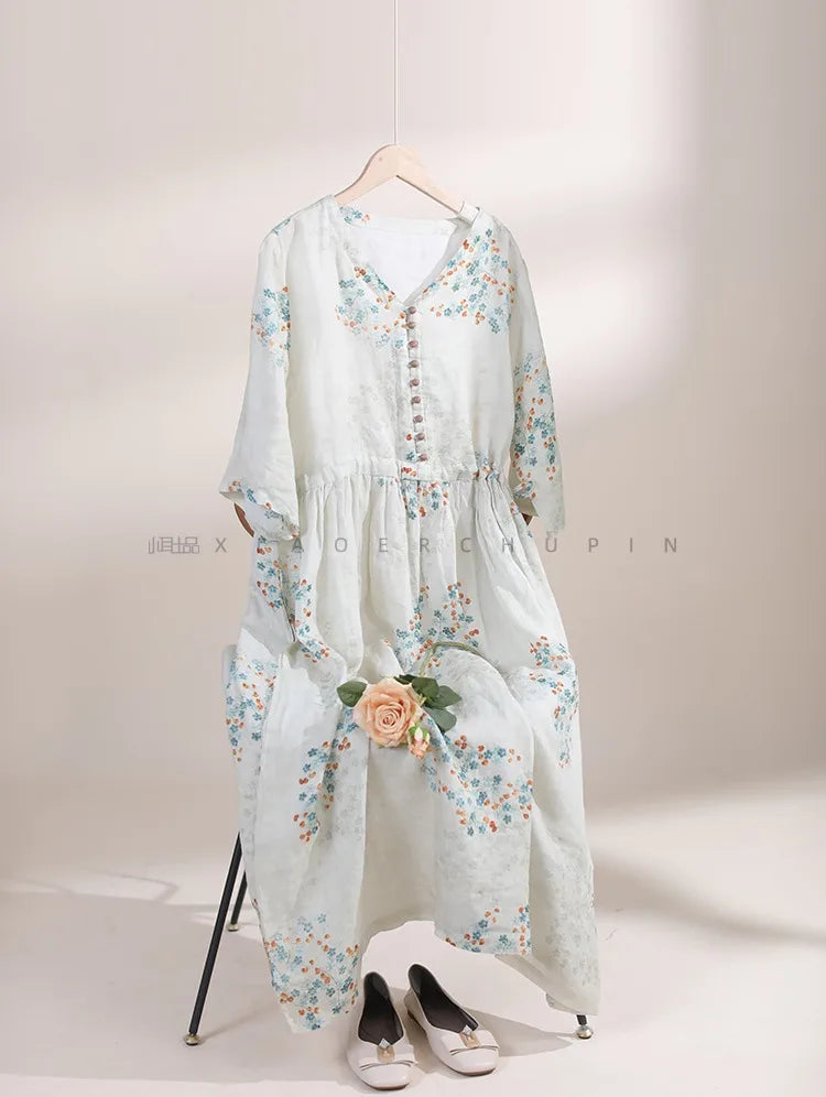 Summer Dress Women 2025 Long Print Elegant Clothing Vintage Elastic Waist Korean Beach Style V-Neck Fashion Robe Ropa De Mujer