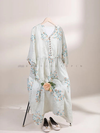 Summer Dress Women 2025 Long Print Elegant Clothing Vintage Elastic Waist Korean Beach Style V-Neck Fashion Robe Ropa De Mujer