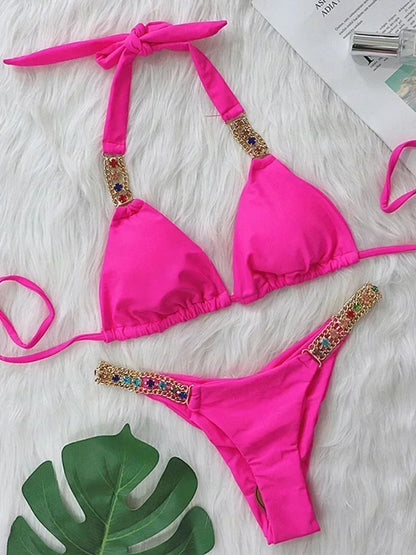2026 Shiny Rhinestone Diamond Bikini Women Swimsuit Female Swimwear Two Pieces Bikini Set Halter Metal Chains Bathing Suit Swim