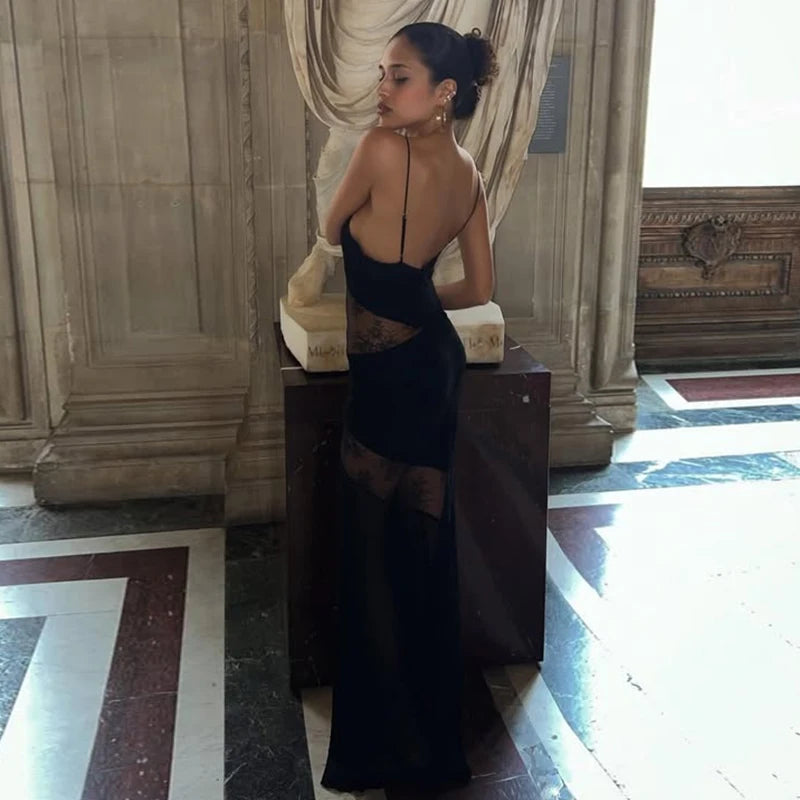 Elegant Lace Spliced Halter Long Dress Women Sexy Backless See Through Female Party Dresses 2025 Summer Lady Chic Evening Gowns