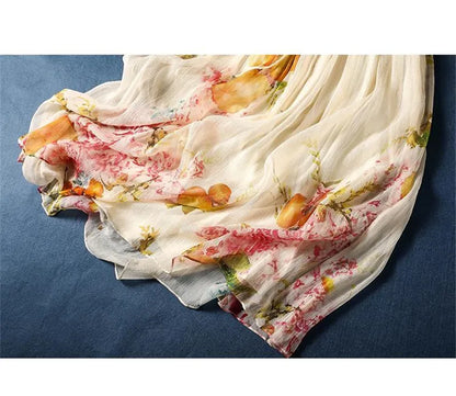 Limiguyue Summer Floral Print Silk Dresses Double Layers Ruffle Beaded Button A-Line Dress Elegant Chiffon Long Vestidos Z044