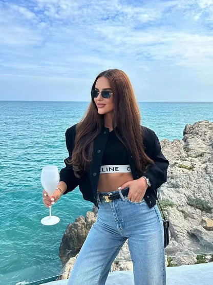 MUJER 2025 Woman Bomber Jacket White Autumn Winter Button Cropped Jackets for Women Fashion Long Sleeve Women Coats Outerwears