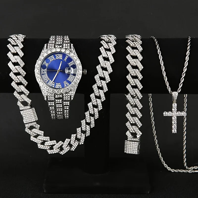 3/4PCS Hip Hop Iced Out Men's Watch Jewelry Set Luxury Rhinestone Quartz Wristwatch Cuban Link Chain Accessories（Without Box）