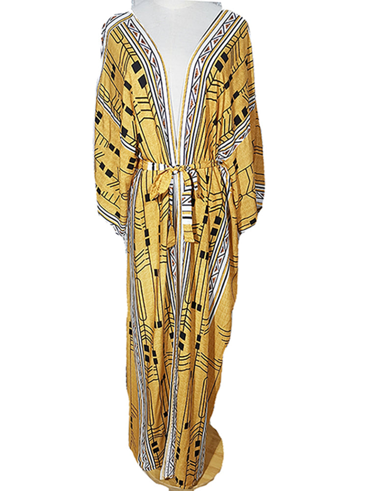 2025 Beach Kimono Cover-up Loose Swimsuit Cover Up Front Open Belt Kaftan Robe Plage Beach Pareos Dress Tunic Beach Wear