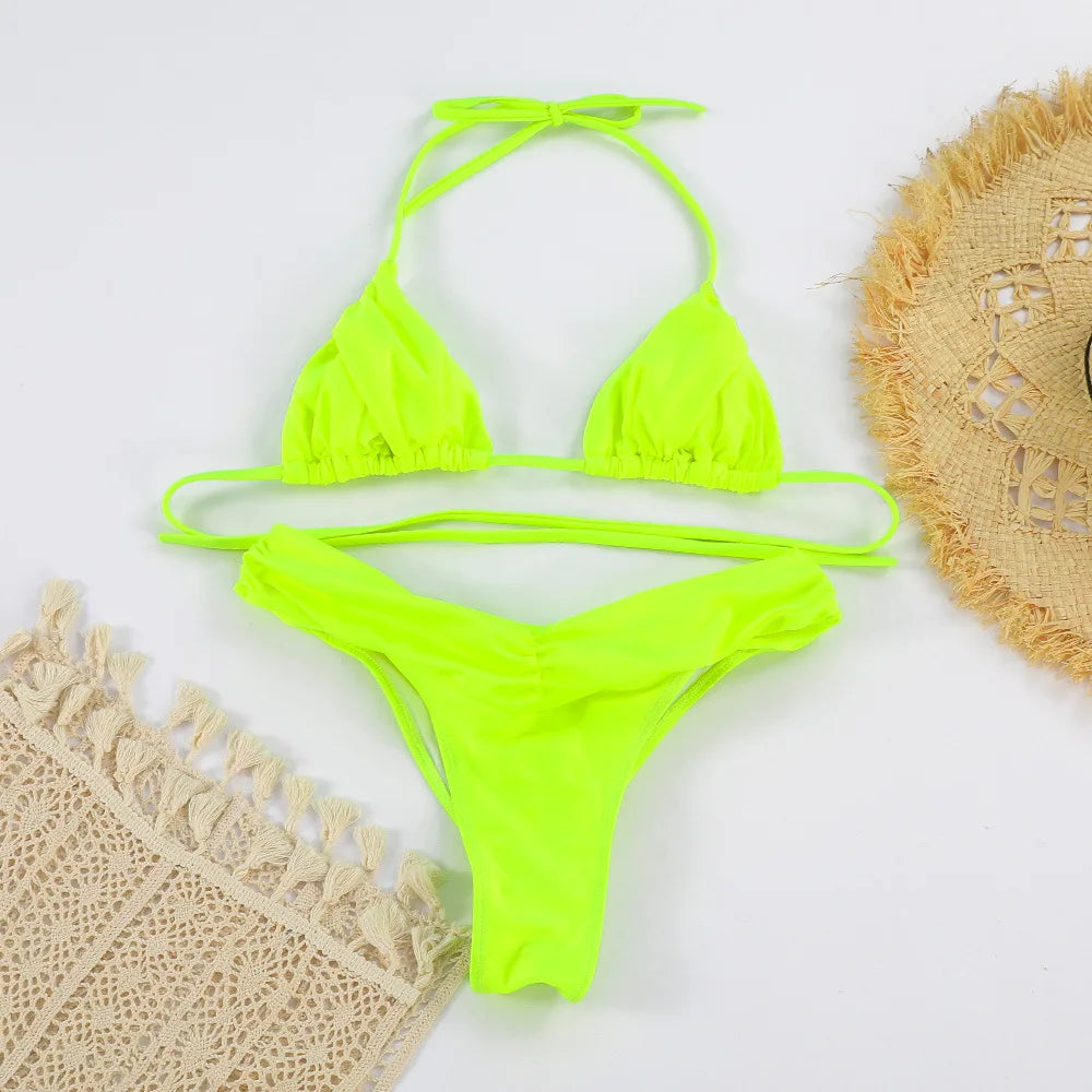Sexy Bikini Set 2024 New Solid Pleated Bikini Swimwear Push Up Halter Swimsuit White Color Bathing Suits for Women