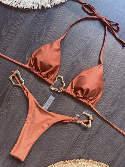 Sexy Solid Color Halter Lace-up Low Waist Bikini Set Women's Two Pieces Triangle Thong Swimsuit Bathing Suit Brazilian Biquinis