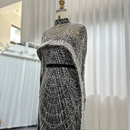 Sharon Said Luxury Pearls Dubai Champagne Evening Dresses with Cape New Arabic Women Mermaid Wedding Party Prom Dress SS369