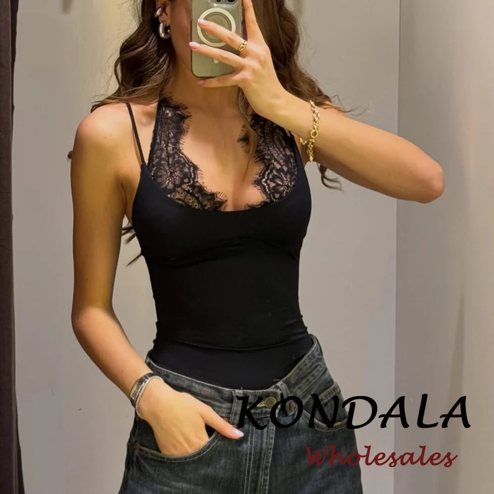 KONDALA 2026 Woman Sexy Night Party Pink Bodysuits Patchwork Lace Sleeveless Streetwear Slim Bodysuits Fashion Mujer Sheath Tops